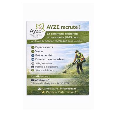 La Commune d’Ayze recrute un saisonnier (H/F) pour son Service Technique